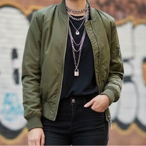 Olive Green Bomber Jacket Gold Tone Zippers Lightweight Utility Style